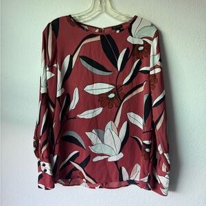 Ann Taylor Floral Blouse XS Long Sleeve Work Top Rust Red Print